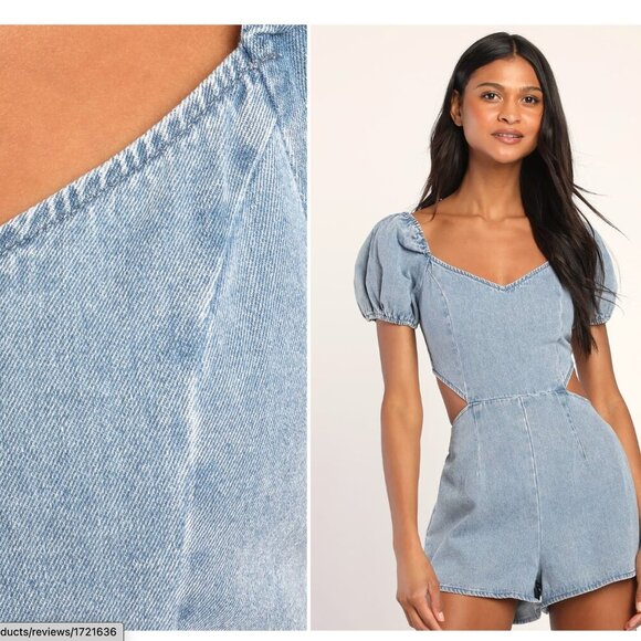 Lulus Blushing Beauty Light Wash Denim Puff Sleeve Romper - Size S - Picture 3 of 10